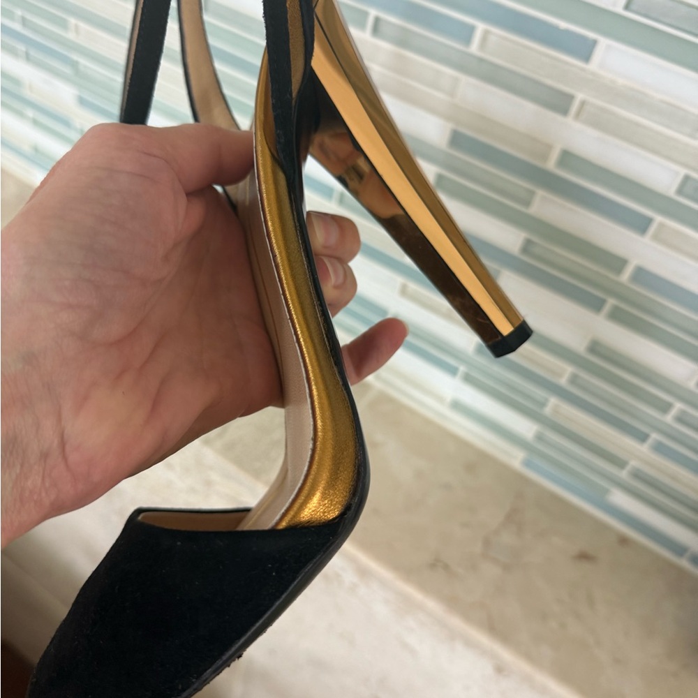 Gucci Black Suede and Gold Strappy Heels, 4 inch mirrored heel, peep toe. - Picture 3 of 12